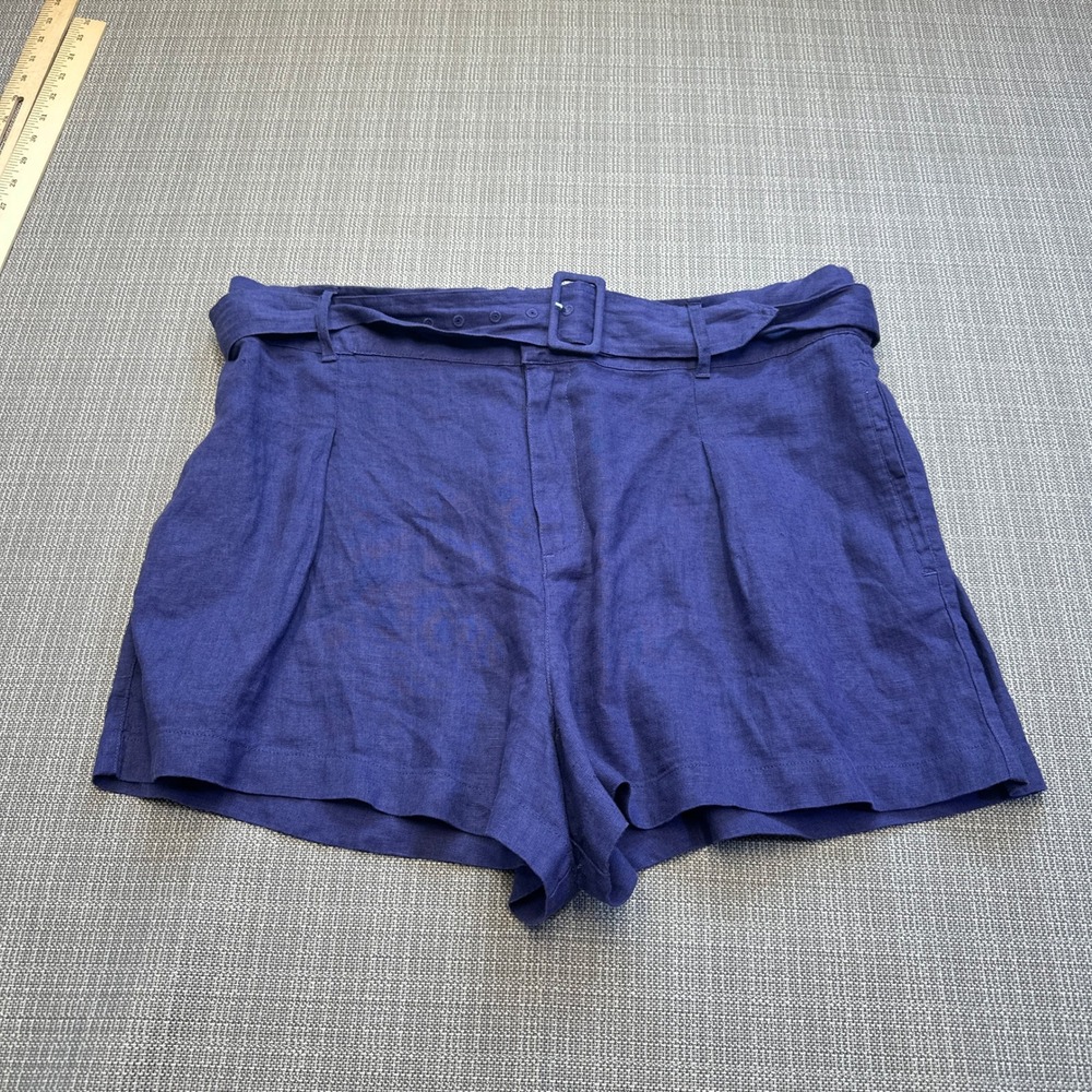 New Joie Linen Belted High Waisted Shorts XL Blue Vacation Coastal Beach Summer